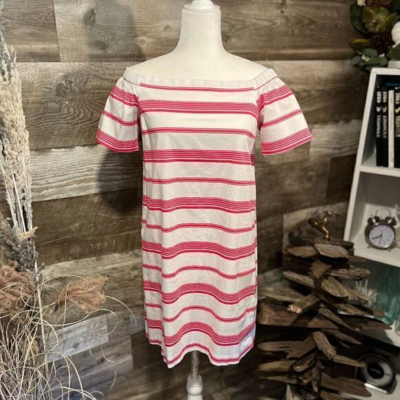 Maison Jules hot pink and white striped sheath off-shoulder dress - M - Picture 1 of 8